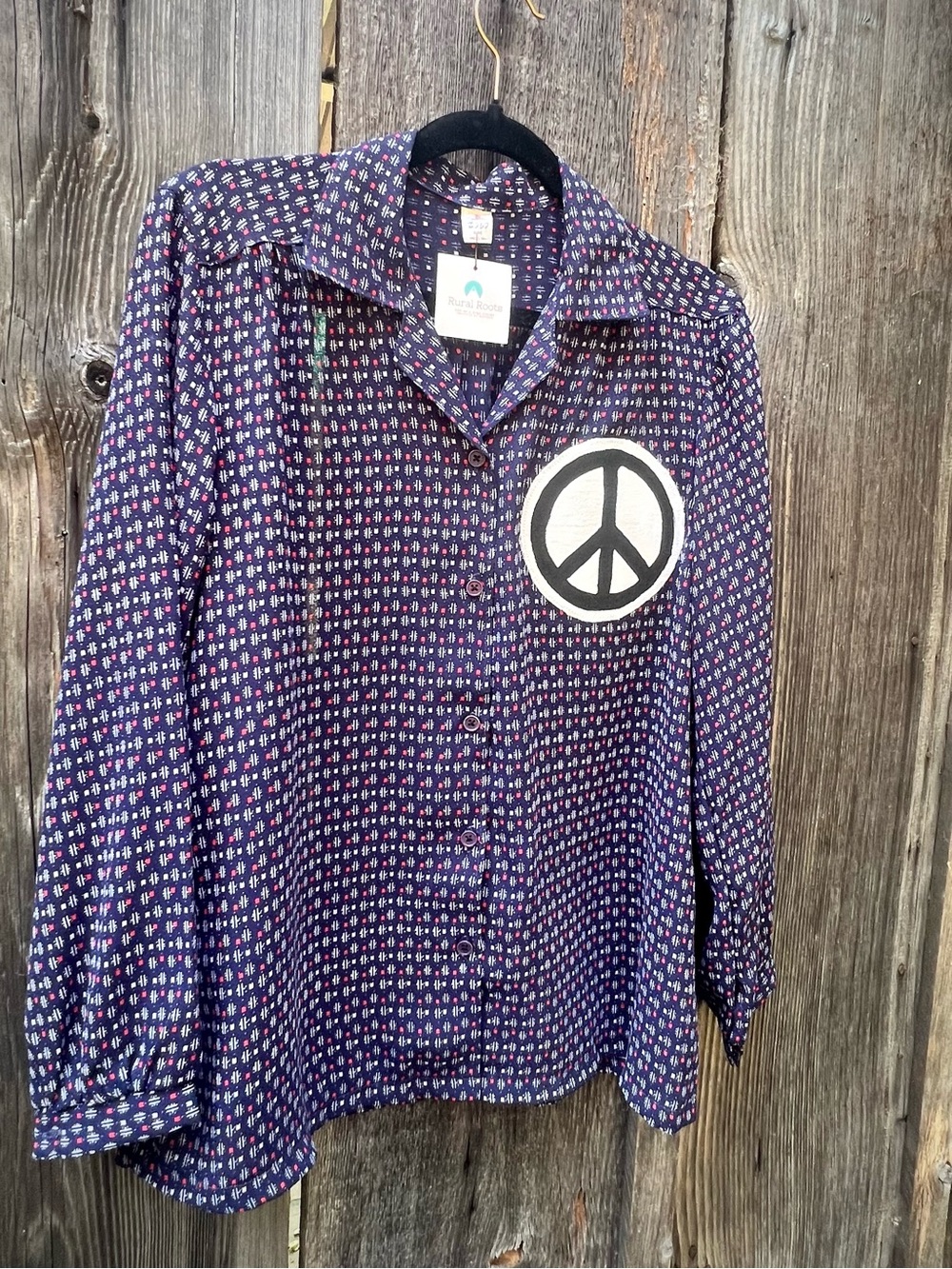 Navy Patterned Button-Up Shirt with Peace Patch